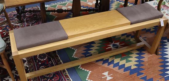 A De La Espada oak window seat, with suede covered cushions L.150cm